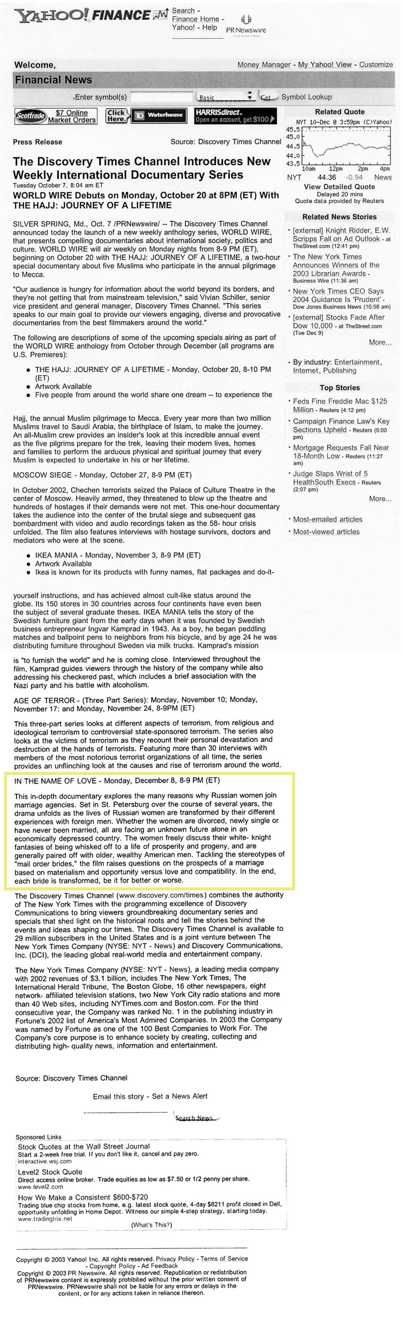 PR Newswire, October 7th, 2003